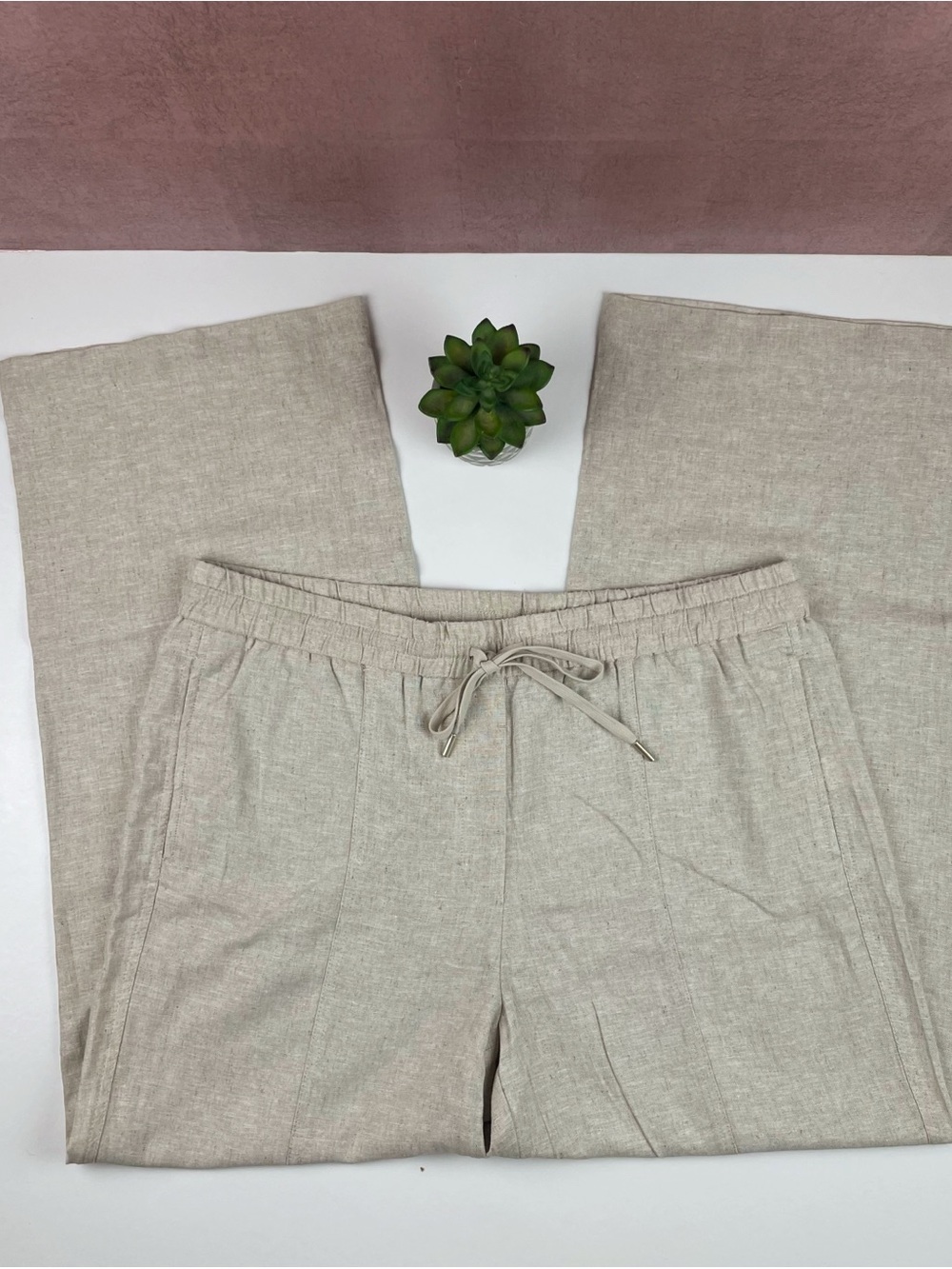Maison D’Amelie Tan Khaki Linen Blend Wide Leg Pants Women XL